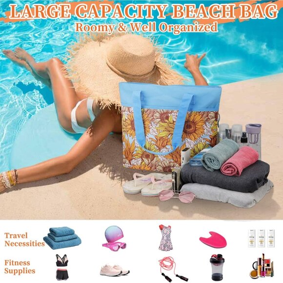 Women's Blue Sun Flower Large Lightweight Zipper Travel Totes Separation Bags - Picture 2 of 7